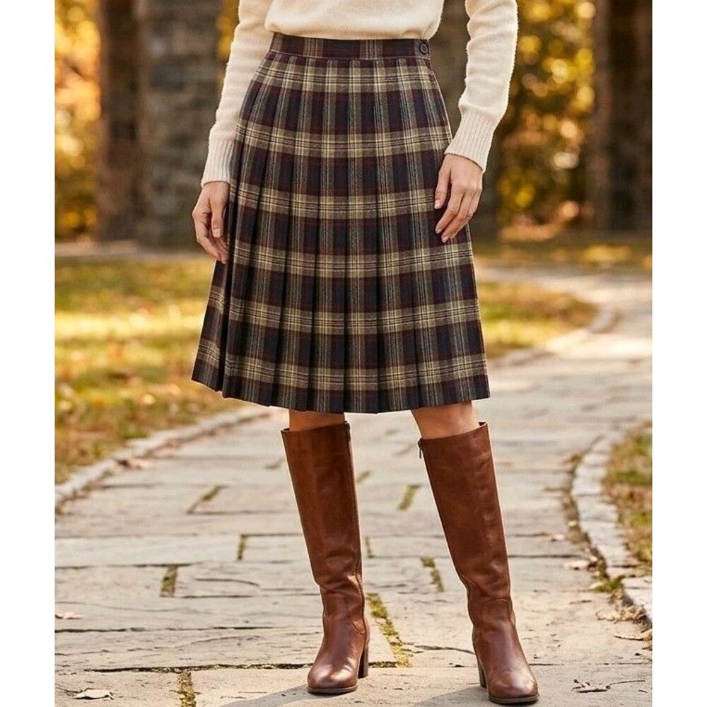 Vtg Talbots Petites Plaid Pleated Midi Skirt Size 12 Tartan Wool Blend Preppy